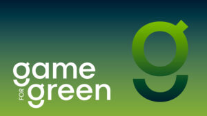 Game for Green hvidt logo på blågrøn farveforløbsbaggrund med identitets g i farveforløb ved siden af.